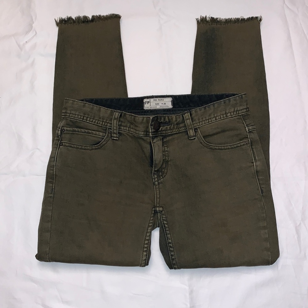 Free People Ripped Knee Olive Cropped Frayed Skinny Jeans